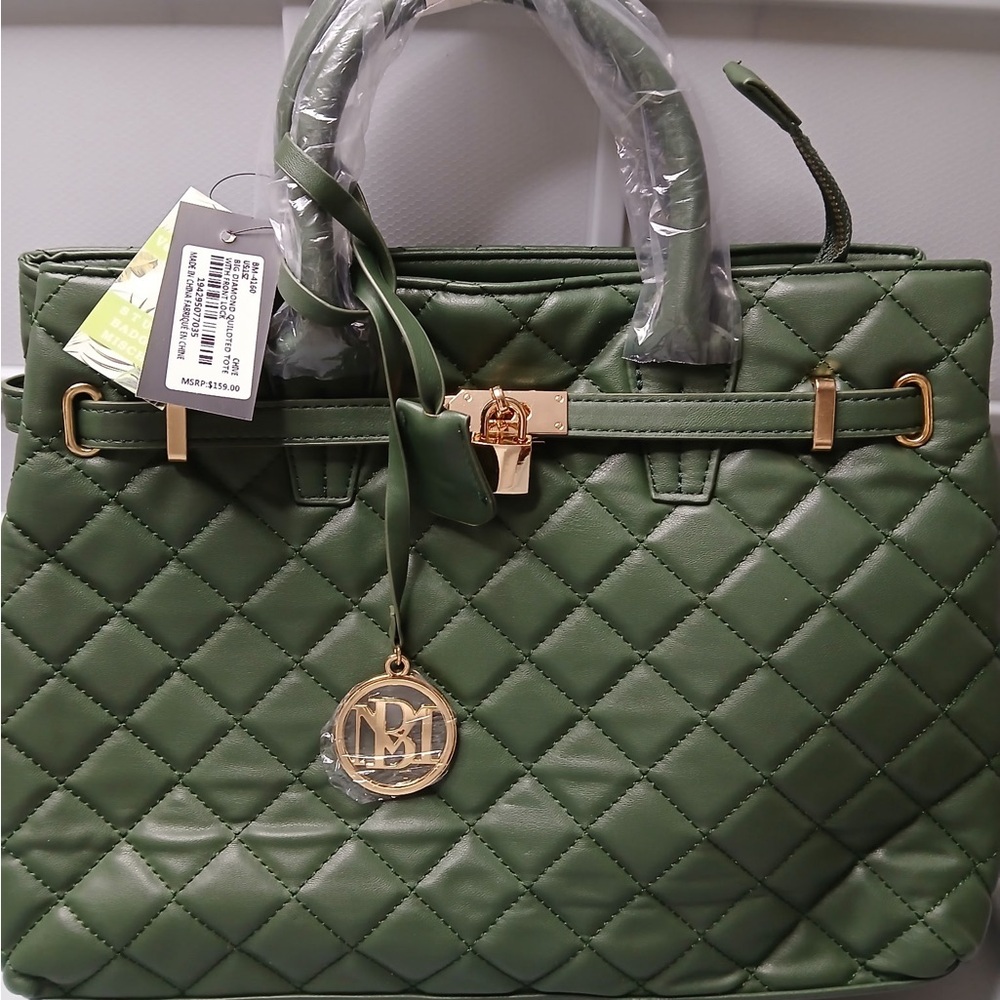 Badgley Mischka Green and Gold Quilted Satchel